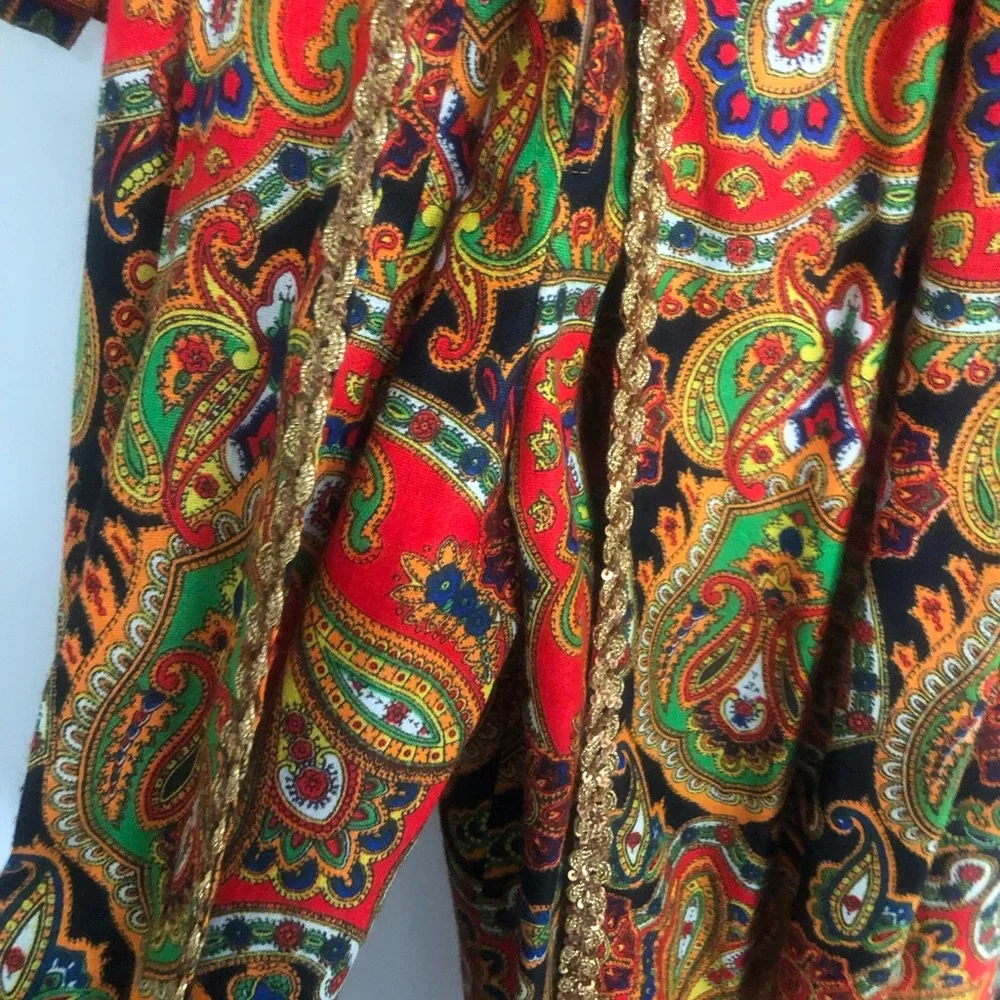 Vtg Jumpsuit 60s 70s Psychedelic Paisley Palazzo Leg Gold Rick Rack Trim S-XS - Picture 5 of 12